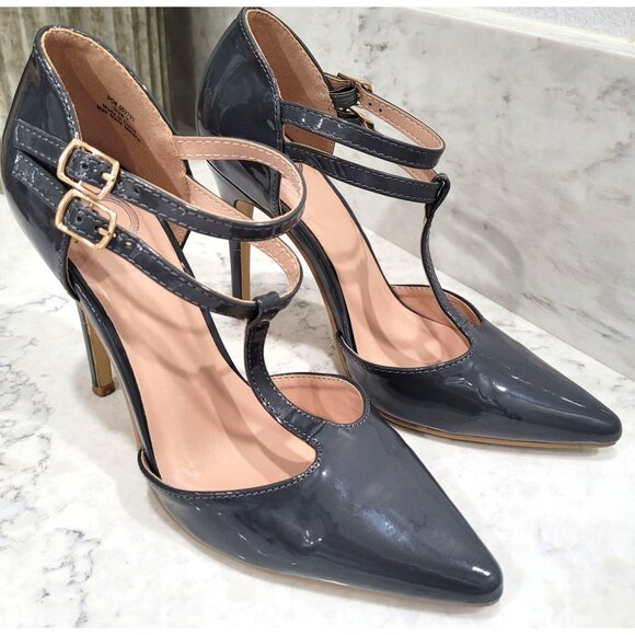 Journee Gray T-Strap Pumps with Double Buckle Closure & Pointed Toe Size 7 - Picture 2 of 11
